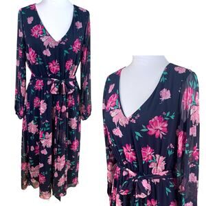 NEW AK Anne Klein Size M Floral Chiffon Midi Dress V-Neck Long Sleeve Flowy